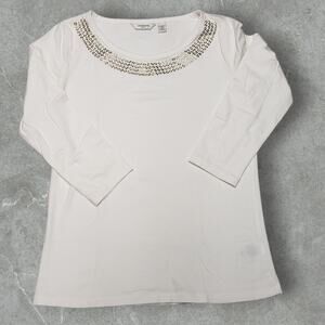 Liz Claiborne White Top Sz SP Cotton Blend  Grommet Neck Stretch Casual Chic